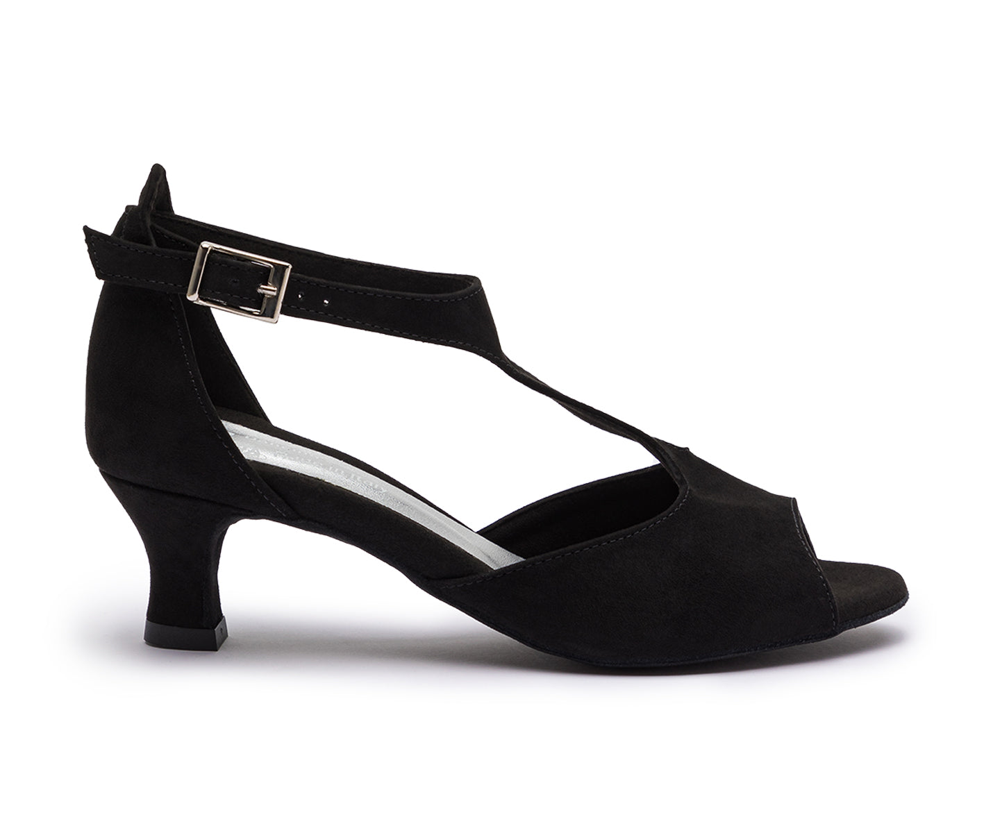 Schwarze DQ1001 Tanzschuhe von Dancing Queens, mit Absatz, Knöchelriemen und offener Spitze, auf weißem Hintergrund.